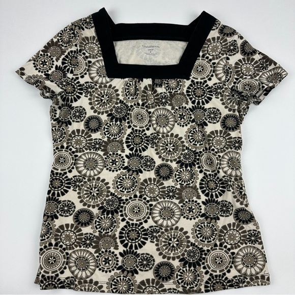 Croft & Barrow Blouse Women Small Stretch Cream Black Square Neck - Picture 1 of 7